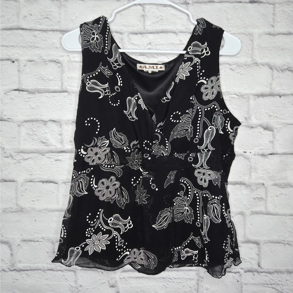 Vtg Y2K A.M.I. Sheer Floral Tank Top Black White Whimsigoth Fairy Cami L/M